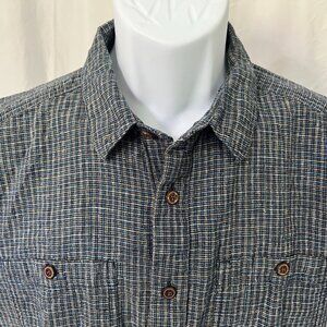 Patagonia Men's black, blue and gold checkered short sleeve Hemp blend shirt M